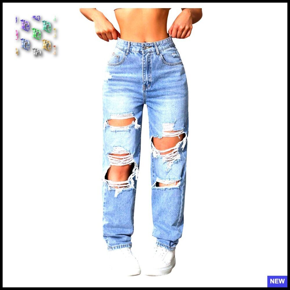 Distressed High Waisted Straight Leg Jeans Casual Ripped Denim Pants Women